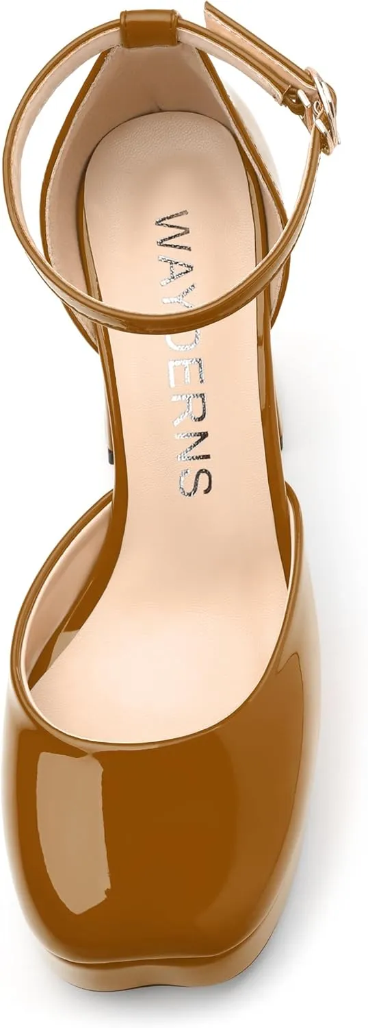 WAYDERNS Platform Heels for Women Block High Heel Closed Square Toe Ankle Strap 4.3 Inch Pumps Fashion Party Dress Shoes