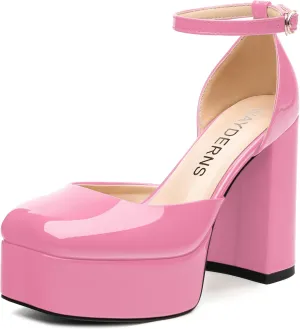 WAYDERNS Platform Heels for Women Block High Heel Closed Square Toe Ankle Strap 4.3 Inch Pumps Fashion Party Dress Shoes