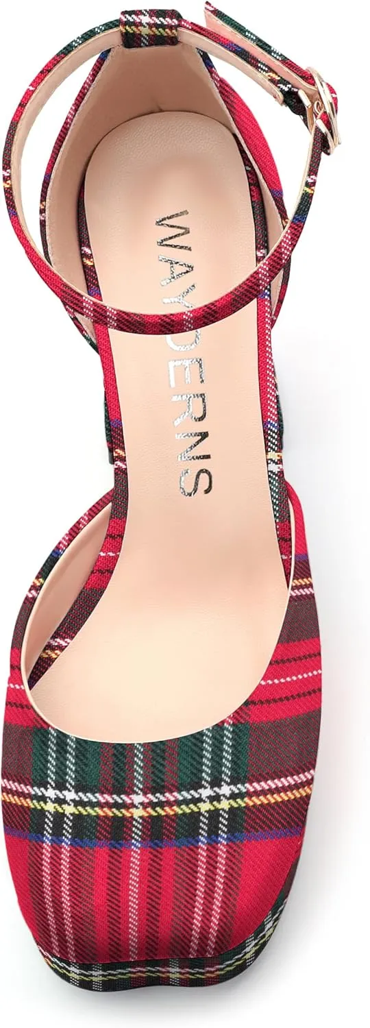 WAYDERNS Platform Heels for Women Block High Heel Closed Square Toe Ankle Strap 4.3 Inch Pumps Fashion Party Dress Shoes