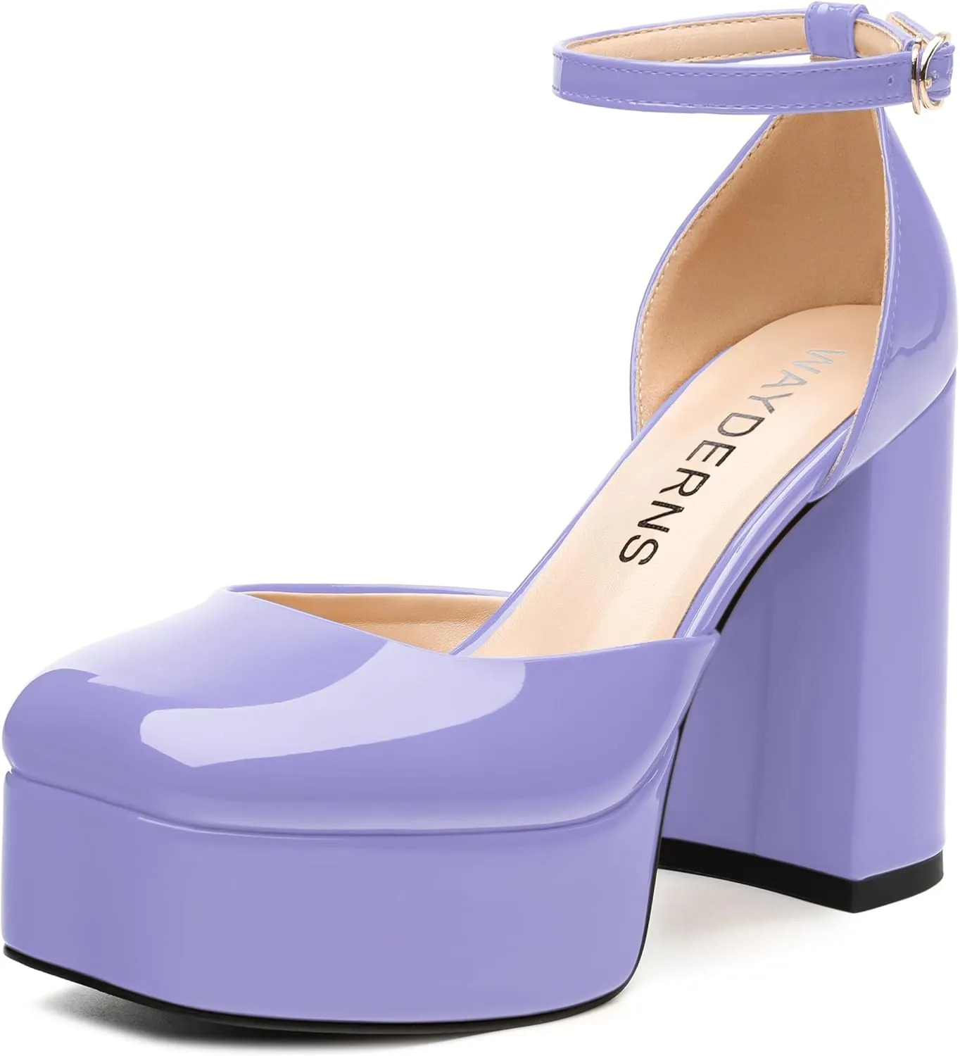 WAYDERNS Platform Heels for Women Block High Heel Closed Square Toe Ankle Strap 4.3 Inch Pumps Fashion Party Dress Shoes