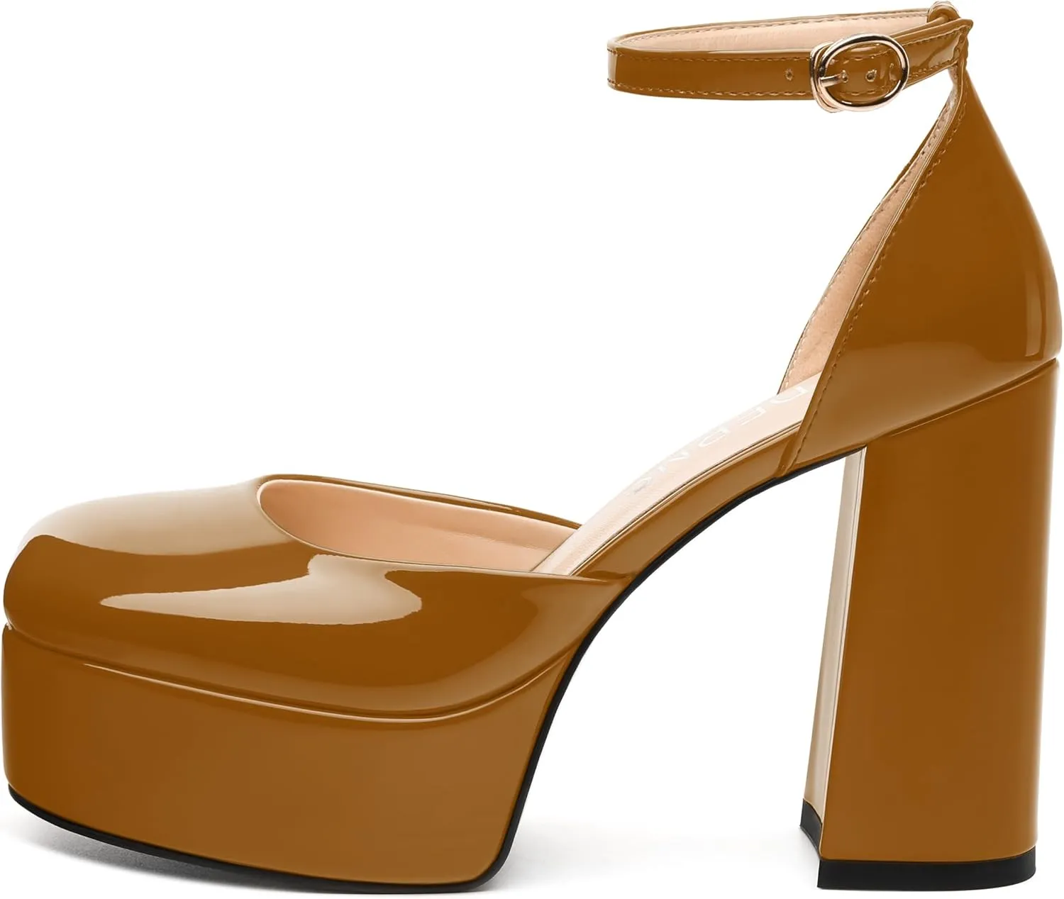 WAYDERNS Platform Heels for Women Block High Heel Closed Square Toe Ankle Strap 4.3 Inch Pumps Fashion Party Dress Shoes