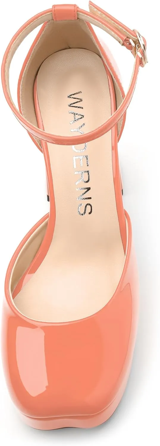 WAYDERNS Platform Heels for Women Block High Heel Closed Square Toe Ankle Strap 4.3 Inch Pumps Fashion Party Dress Shoes