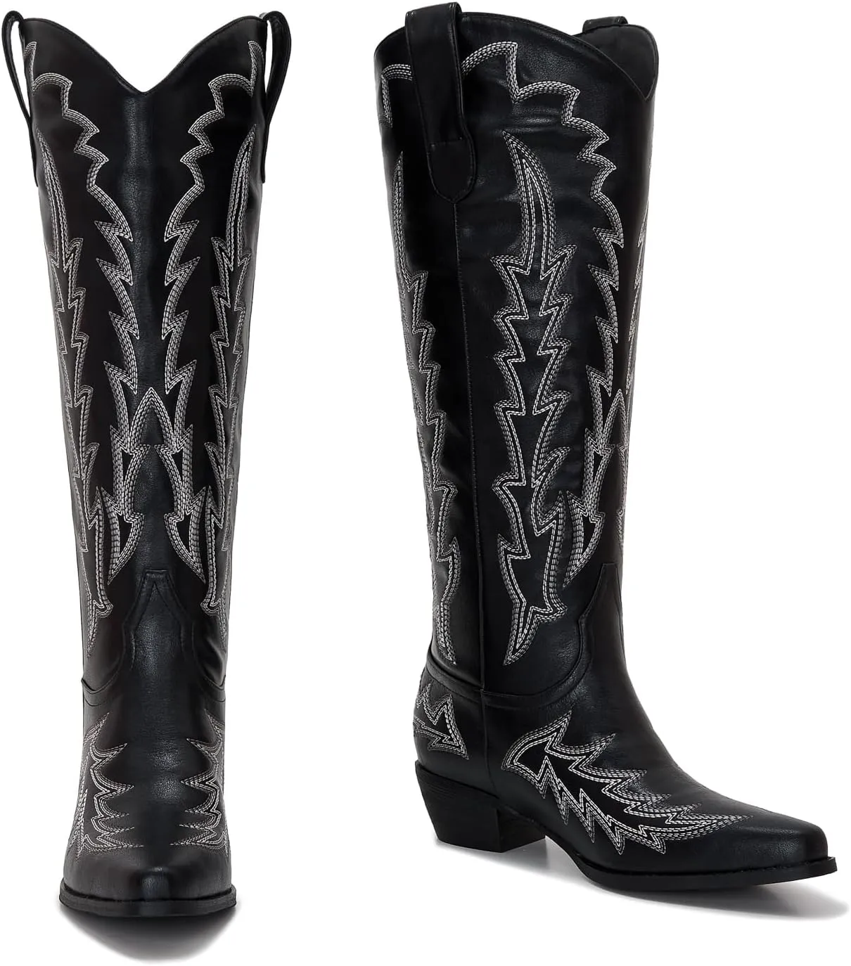 Wide Calf Cowboy Boots Women Plus Size Ladies Cowgirl Boots Knee High Tall Western Style Slip On Pointed Toe Chunky Low Heel