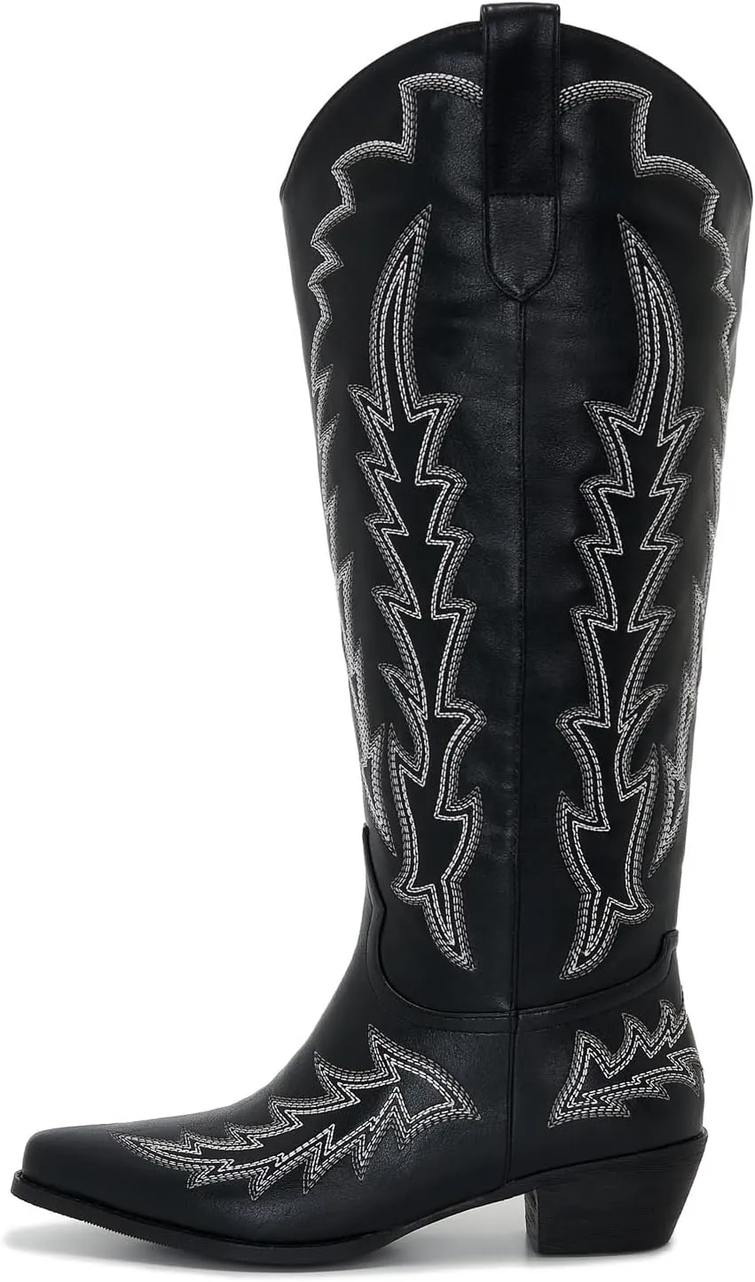Wide Calf Cowboy Boots Women Plus Size Ladies Cowgirl Boots Knee High Tall Western Style Slip On Pointed Toe Chunky Low Heel