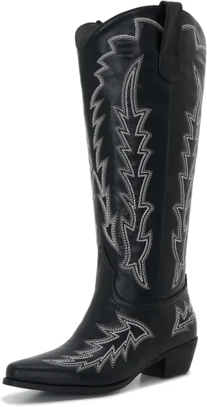Wide Calf Cowboy Boots Women Plus Size Ladies Cowgirl Boots Knee High Tall Western Style Slip On Pointed Toe Chunky Low Heel