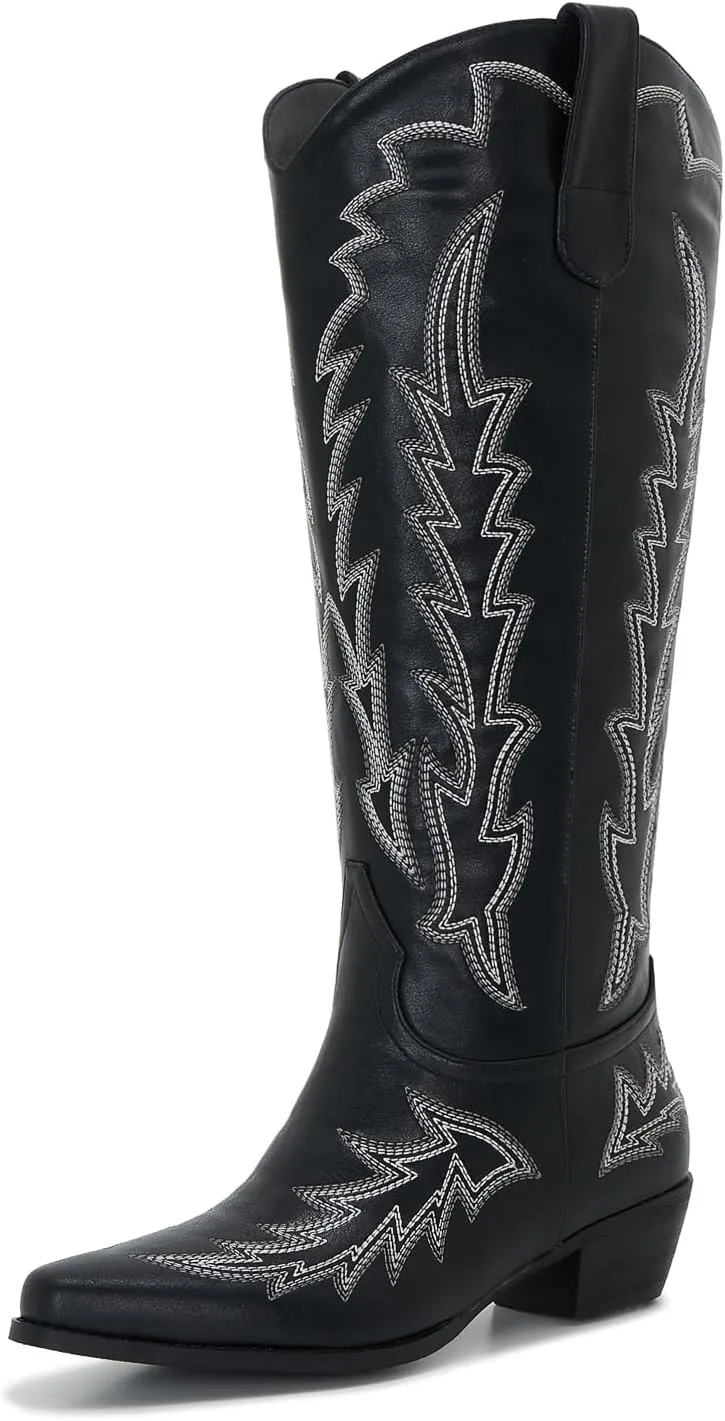 Wide Calf Cowboy Boots Women Plus Size Ladies Cowgirl Boots Knee High Tall Western Style Slip On Pointed Toe Chunky Low Heel