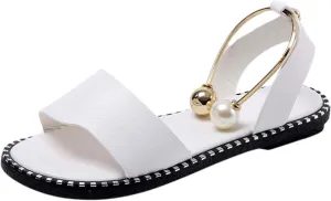 Women 2021 New Flat Sandals Ladies Low Heel Open Toe Pearls Comfy Sandals Summer Slip on Beach Shoes ​Fashion Sandals Faux Leather Loafer Moccasins,White,US10/EU41