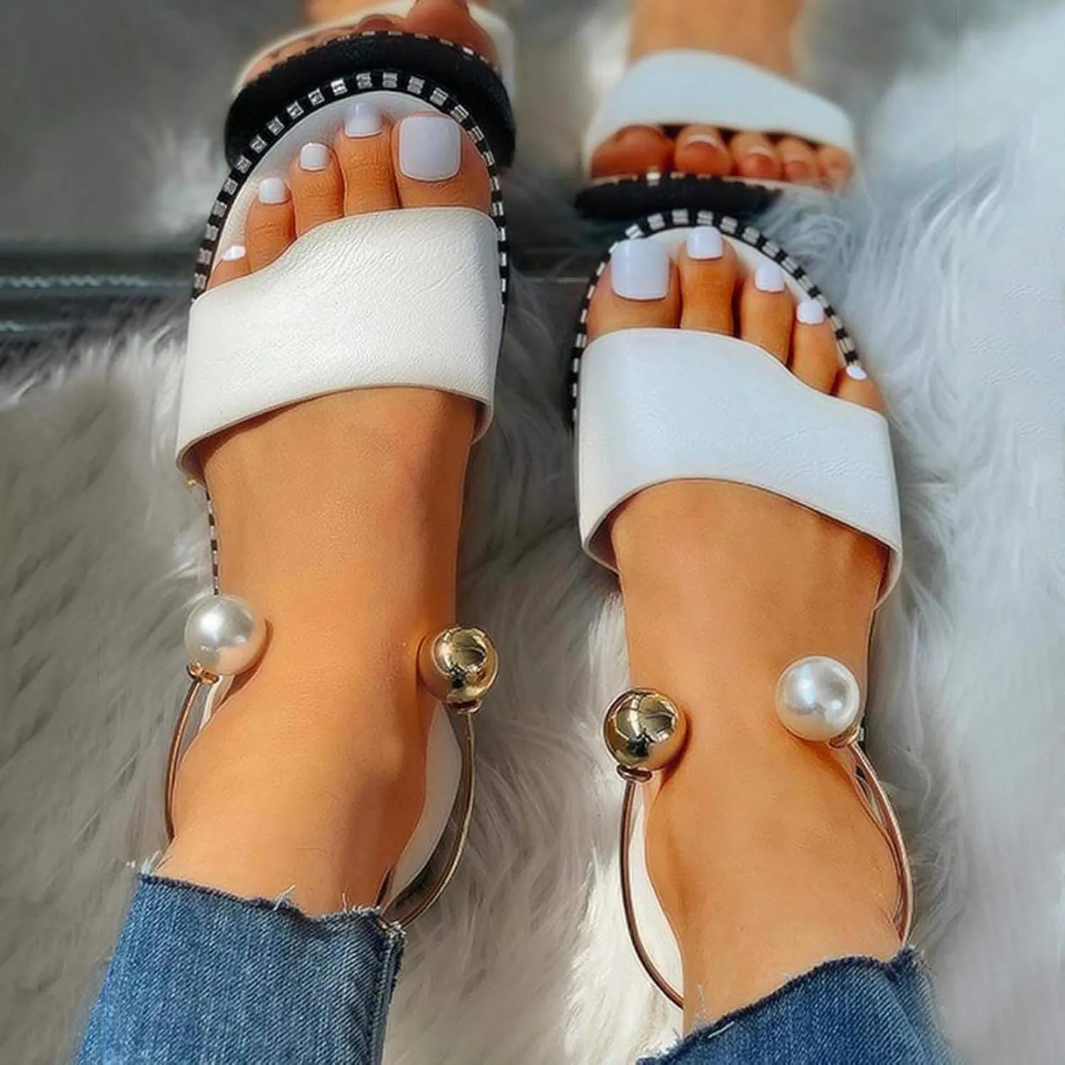 Women 2021 New Flat Sandals Ladies Low Heel Open Toe Pearls Comfy Sandals Summer Slip on Beach Shoes ​Fashion Sandals Faux Leather Loafer Moccasins,White,US10/EU41