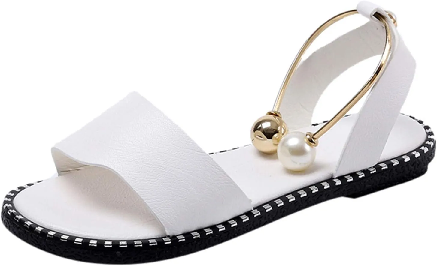 Women 2021 New Flat Sandals Ladies Low Heel Open Toe Pearls Comfy Sandals Summer Slip on Beach Shoes ​Fashion Sandals Faux Leather Loafer Moccasins,White,US10/EU41