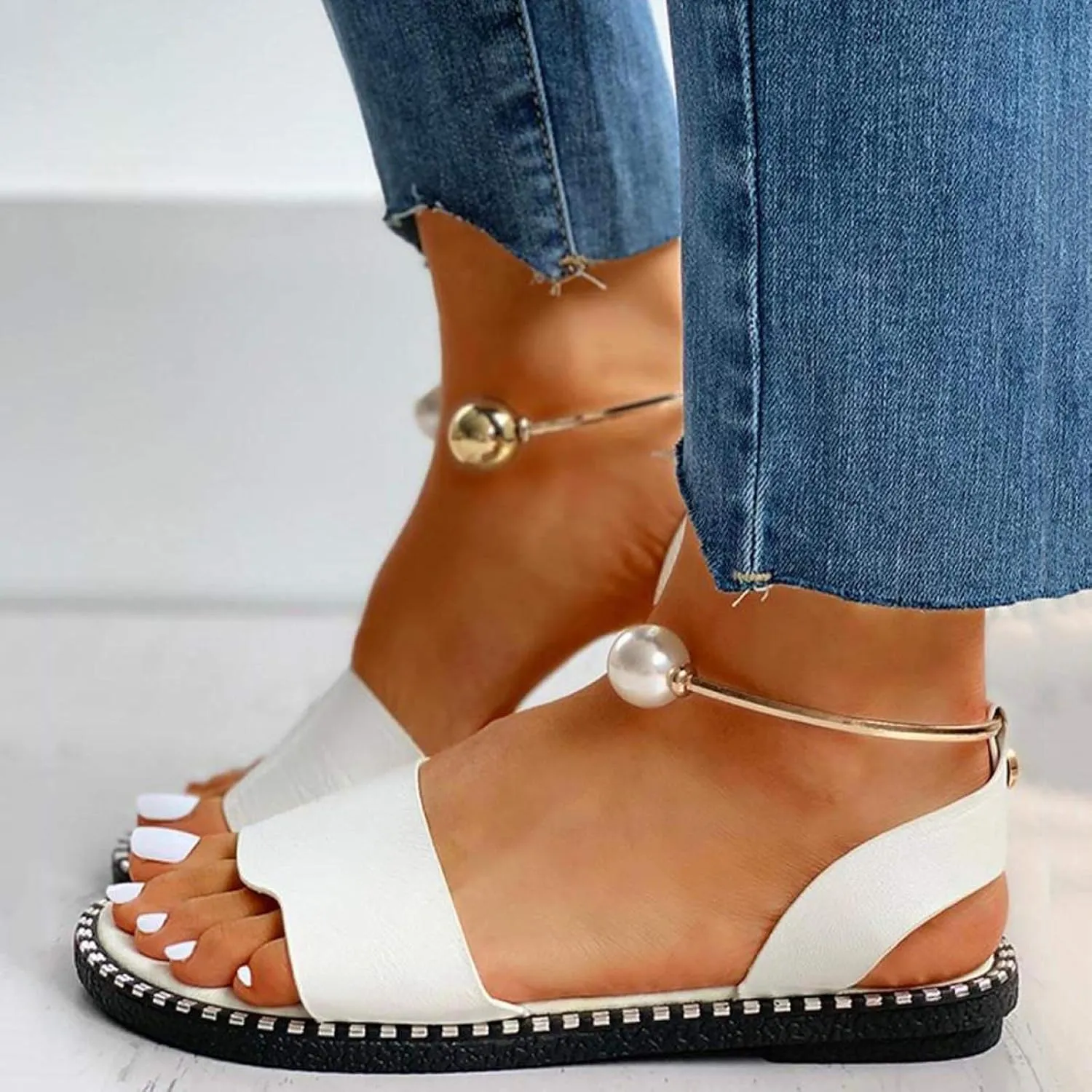 Women 2021 New Flat Sandals Ladies Low Heel Open Toe Pearls Comfy Sandals Summer Slip on Beach Shoes ​Fashion Sandals Faux Leather Loafer Moccasins,White,US10/EU41