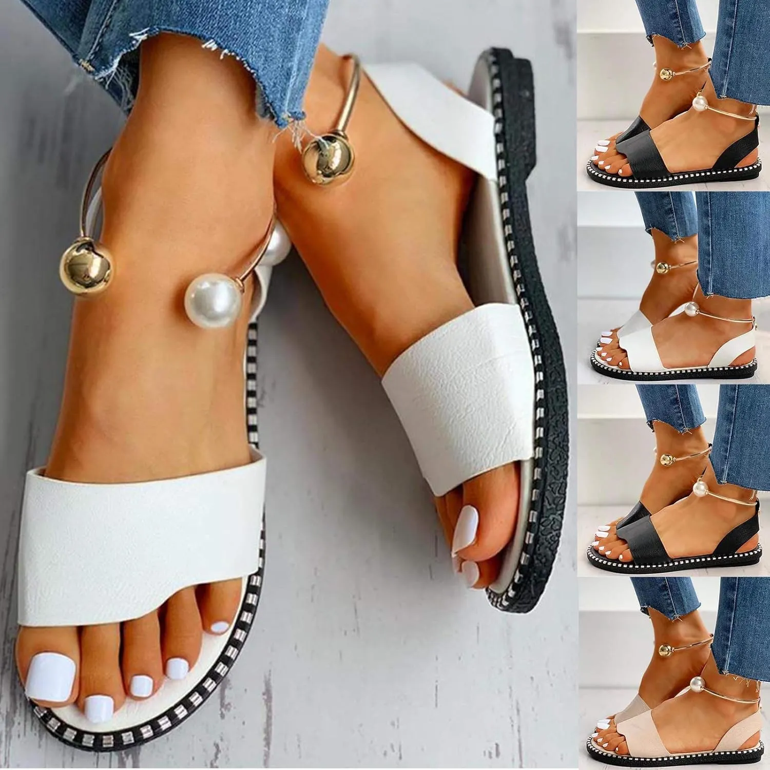 Women 2021 New Flat Sandals Ladies Low Heel Open Toe Pearls Comfy Sandals Summer Slip on Beach Shoes ​Fashion Sandals Faux Leather Loafer Moccasins,White,US10/EU41