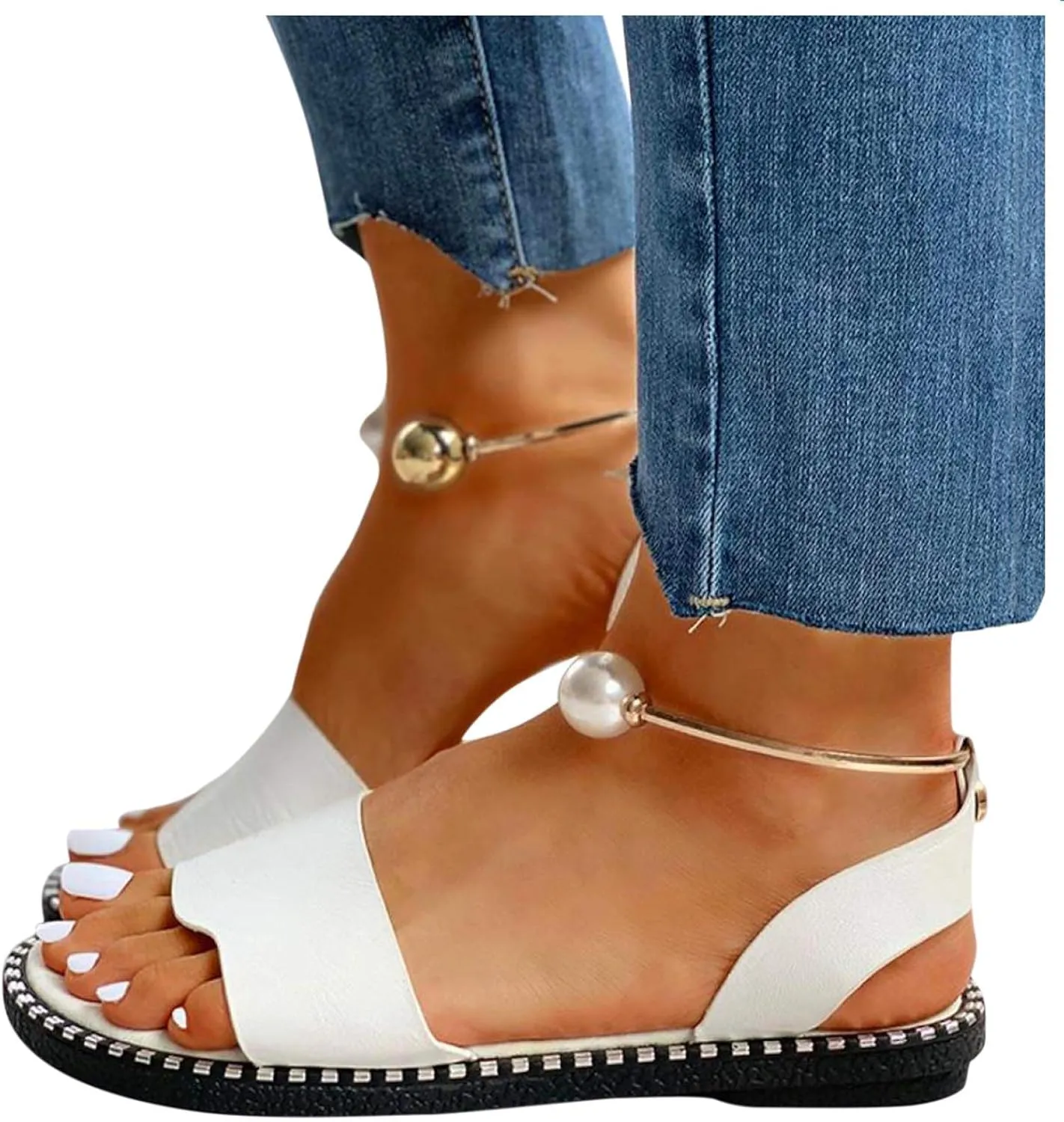 Women 2021 New Flat Sandals Ladies Low Heel Open Toe Pearls Comfy Sandals Summer Slip on Beach Shoes ​Fashion Sandals Faux Leather Loafer Moccasins,White,US10/EU41