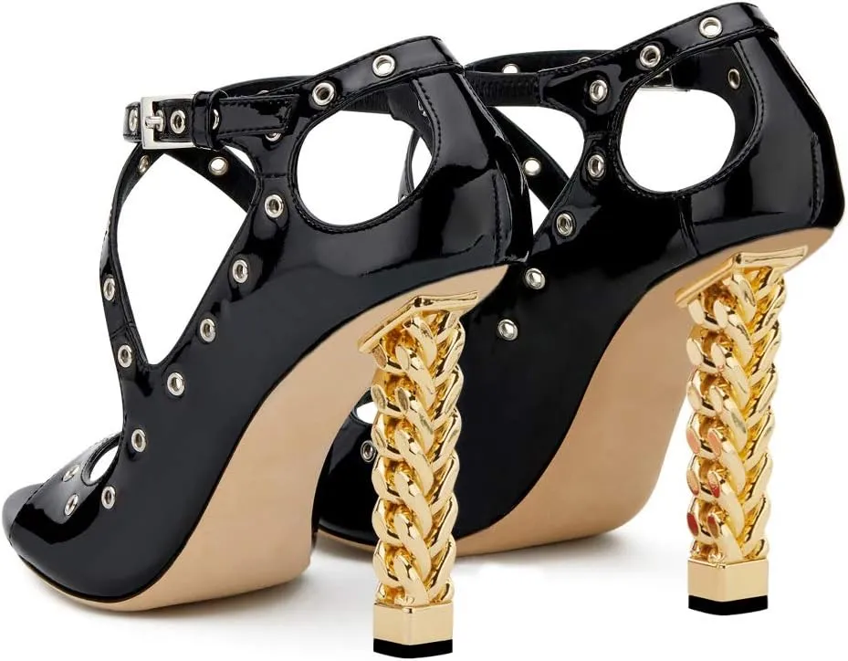 Women Chic Gold Metal Chain Block High Heels Pumps Cross Strap Closed Open Toe Shoes Size 4-15 US