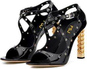 Women Chic Gold Metal Chain Block High Heels Pumps Cross Strap Closed Open Toe Shoes Size 4-15 US