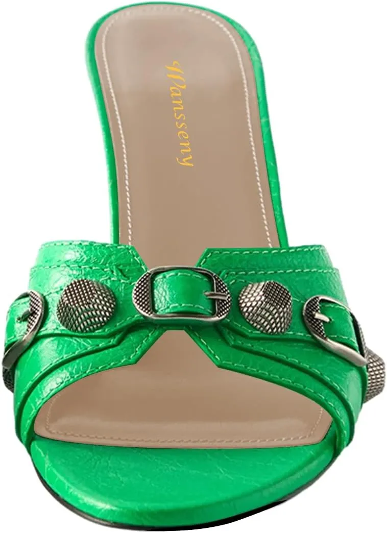 Women Chic Open Toe Mid Heel Buckle Studded Mules Slip On Summer Casual Party Dress Fashion Shoes Size 4-16 US