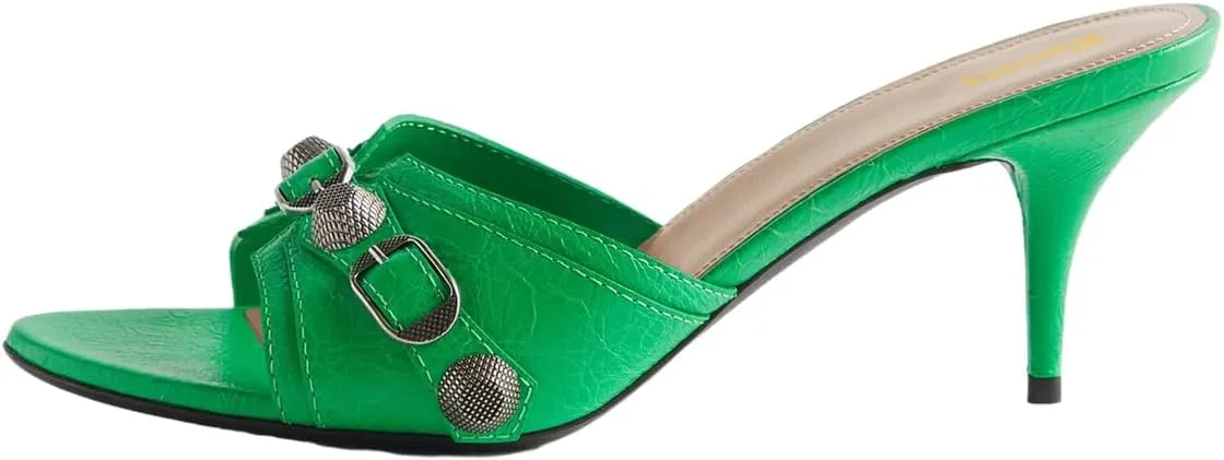 Women Chic Open Toe Mid Heel Buckle Studded Mules Slip On Summer Casual Party Dress Fashion Shoes Size 4-16 US