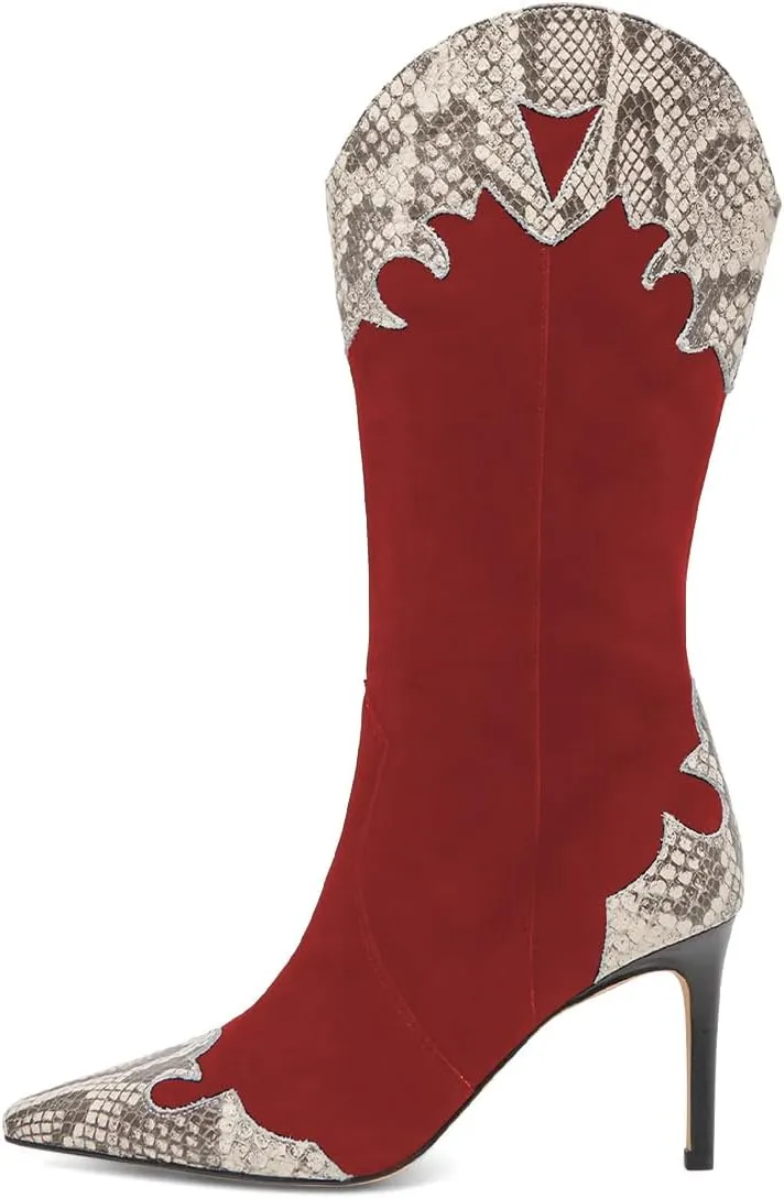 Women Chic Wide Calves Pull On Mid Calf Boots Snakeskin Stiletto High Heel Zippers Booties Business Party Dress Shoes Size 4-16 US