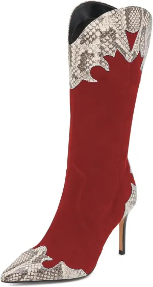 Women Chic Wide Calves Pull On Mid Calf Boots Snakeskin Stiletto High Heel Zippers Booties Business Party Dress Shoes Size 4-16 US