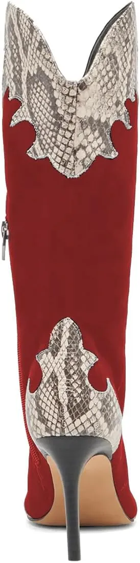 Women Chic Wide Calves Pull On Mid Calf Boots Snakeskin Stiletto High Heel Zippers Booties Business Party Dress Shoes Size 4-16 US