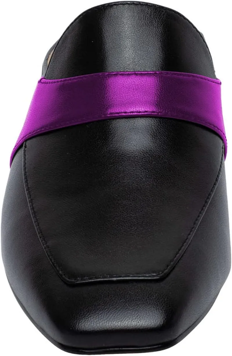 Women Luxury Leather Mules, Closed Square Toe Loafer, Med Chunky Heel Backless Mule Sandals, Lightweight Slip on Slingback Walking Shoes for Ladies, Elegant Dress Casual Slippers, Full Size 4-16 M US