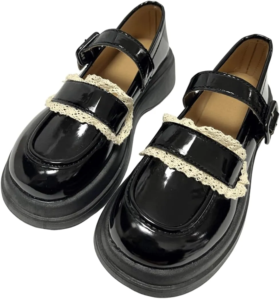 Women Y2K Harajuku Kawaii Goth Lolita Round Toe Chunky Heels White Lace Decor Platform Mary Jane Shoes