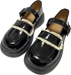 Women Y2K Harajuku Kawaii Goth Lolita Round Toe Chunky Heels White Lace Decor Platform Mary Jane Shoes