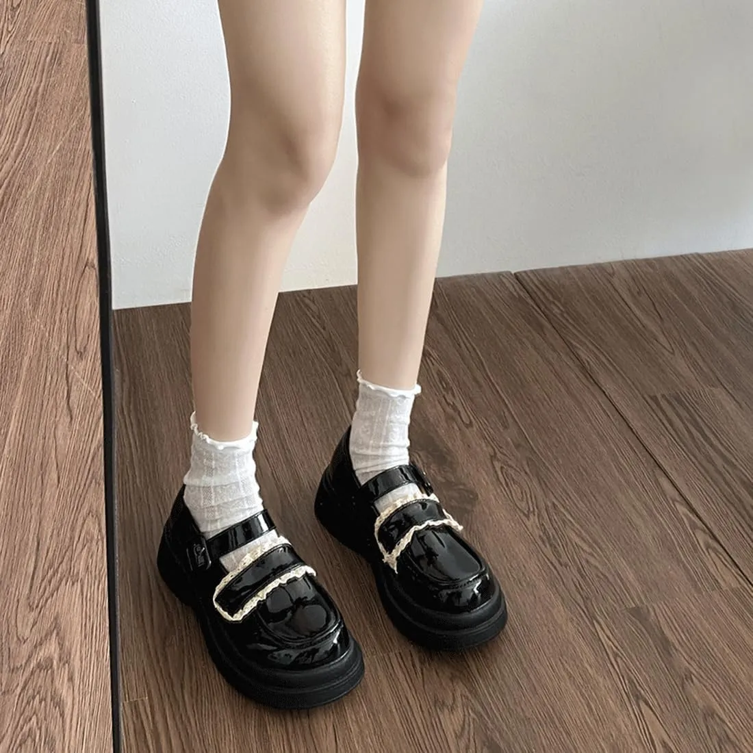 Women Y2K Harajuku Kawaii Goth Lolita Round Toe Chunky Heels White Lace Decor Platform Mary Jane Shoes