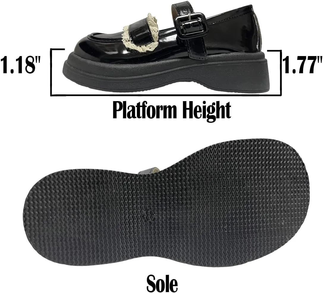 Women Y2K Harajuku Kawaii Goth Lolita Round Toe Chunky Heels White Lace Decor Platform Mary Jane Shoes