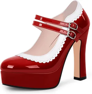 Women's Ankle Strap Plafrom Mary Janes Pumps Block High Heels Double Buckle Patent Leather Dress Shoes