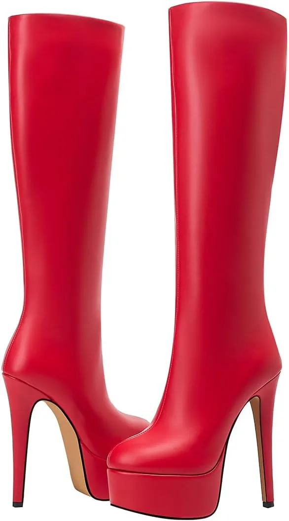 Women's Black Leather Platform Heel Knee-High Boots Sexy Stiletto Heel Thigh High Boots (Black,12)