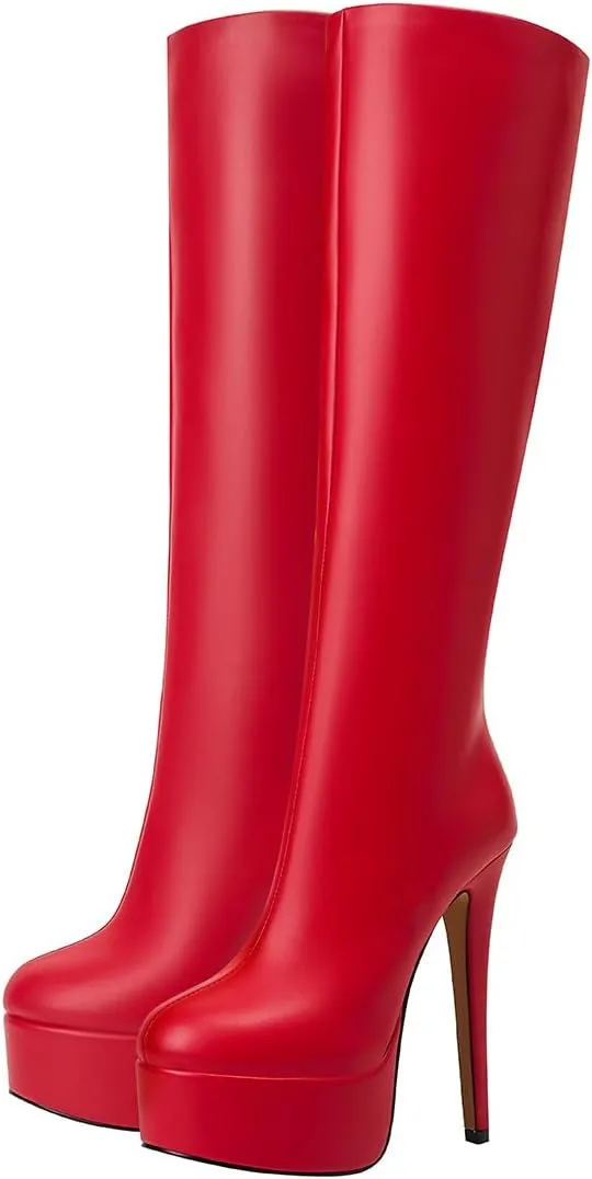 Women's Black Leather Platform Heel Knee-High Boots Sexy Stiletto Heel Thigh High Boots (Black,12)