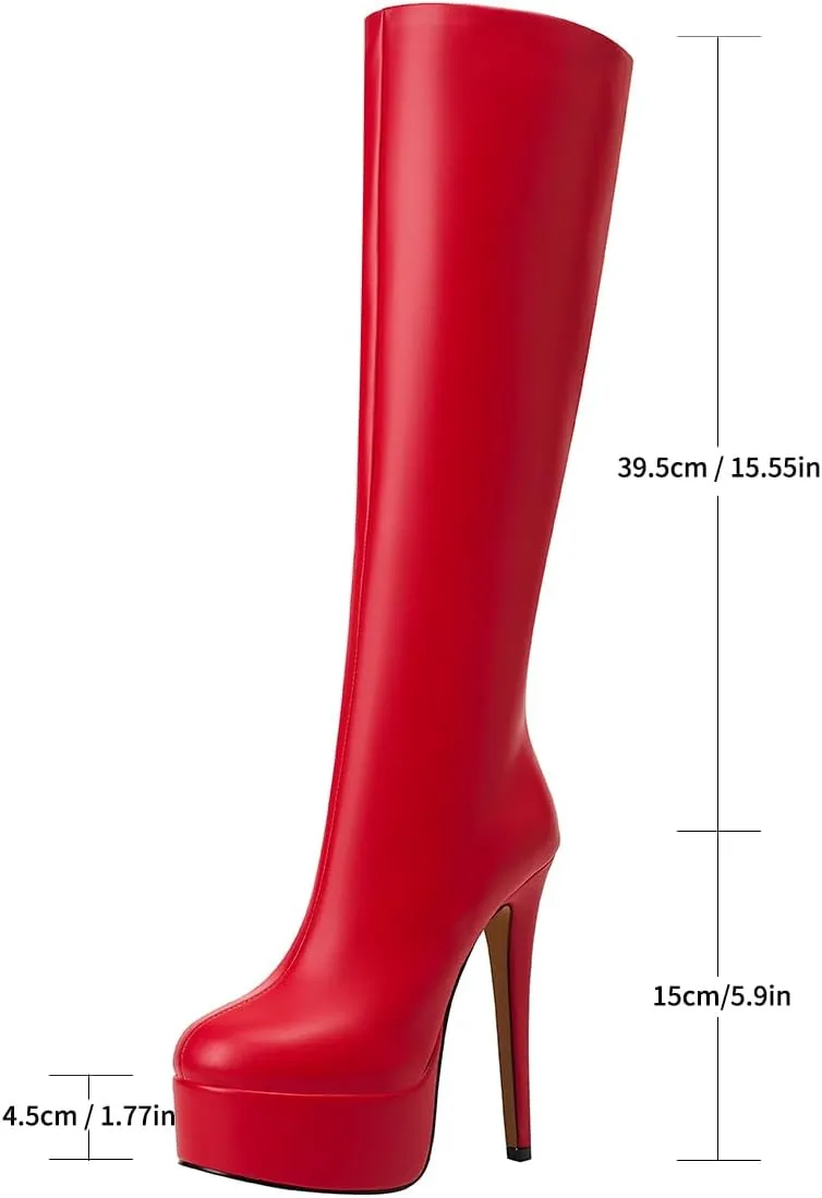 Women's Black Leather Platform Heel Knee-High Boots Sexy Stiletto Heel Thigh High Boots (Black,12)