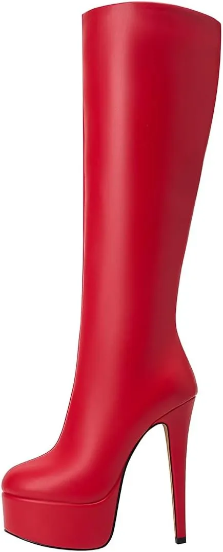 Women's Black Leather Platform Heel Knee-High Boots Sexy Stiletto Heel Thigh High Boots (Black,12)