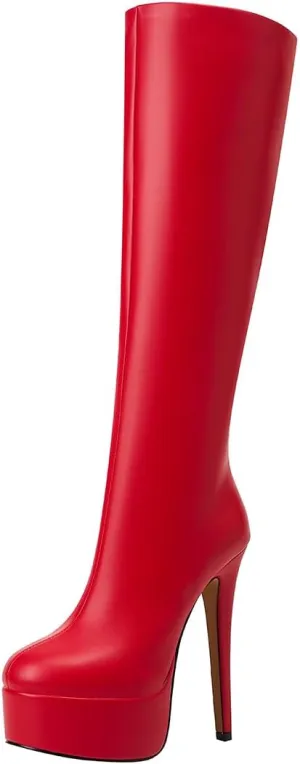 Women's Black Leather Platform Heel Knee-High Boots Sexy Stiletto Heel Thigh High Boots (Black,12)