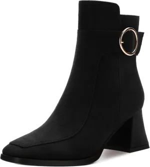 Women's Black Square Toe Mid Heel Ankle Booties with Side Zipper, Fashion Buckle Strap Ankle Boots for Women