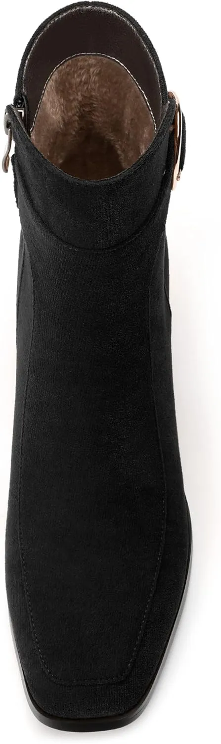 Women's Black Square Toe Mid Heel Ankle Booties with Side Zipper, Fashion Buckle Strap Ankle Boots for Women