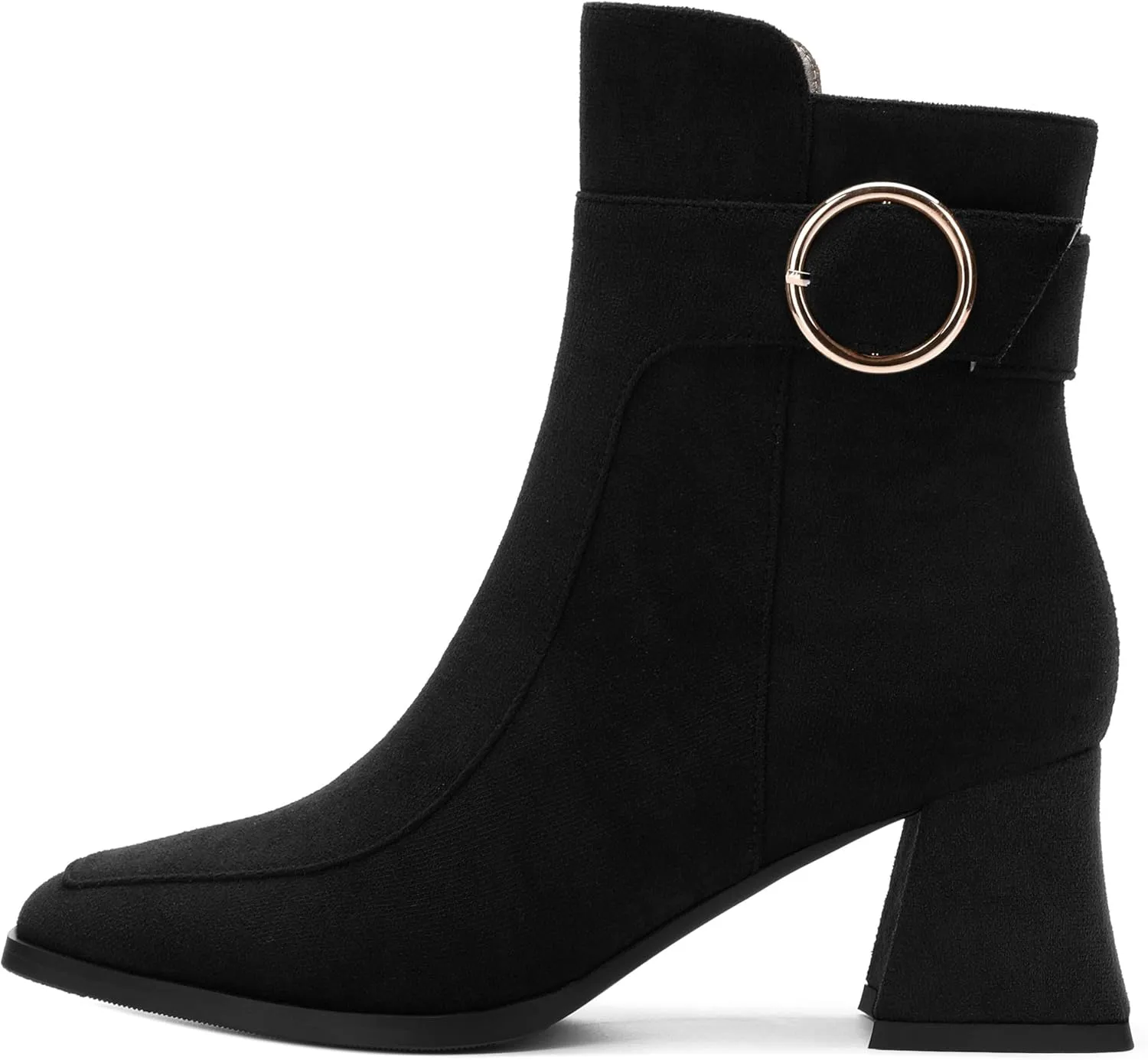 Women's Black Square Toe Mid Heel Ankle Booties with Side Zipper, Fashion Buckle Strap Ankle Boots for Women