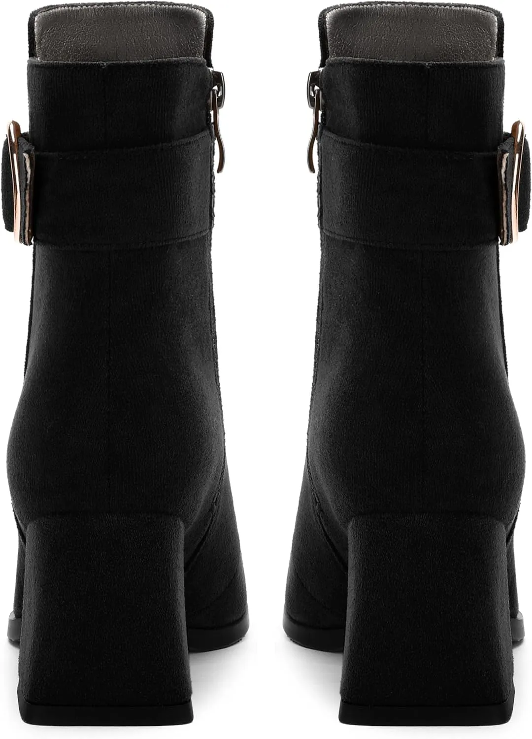 Women's Black Square Toe Mid Heel Ankle Booties with Side Zipper, Fashion Buckle Strap Ankle Boots for Women
