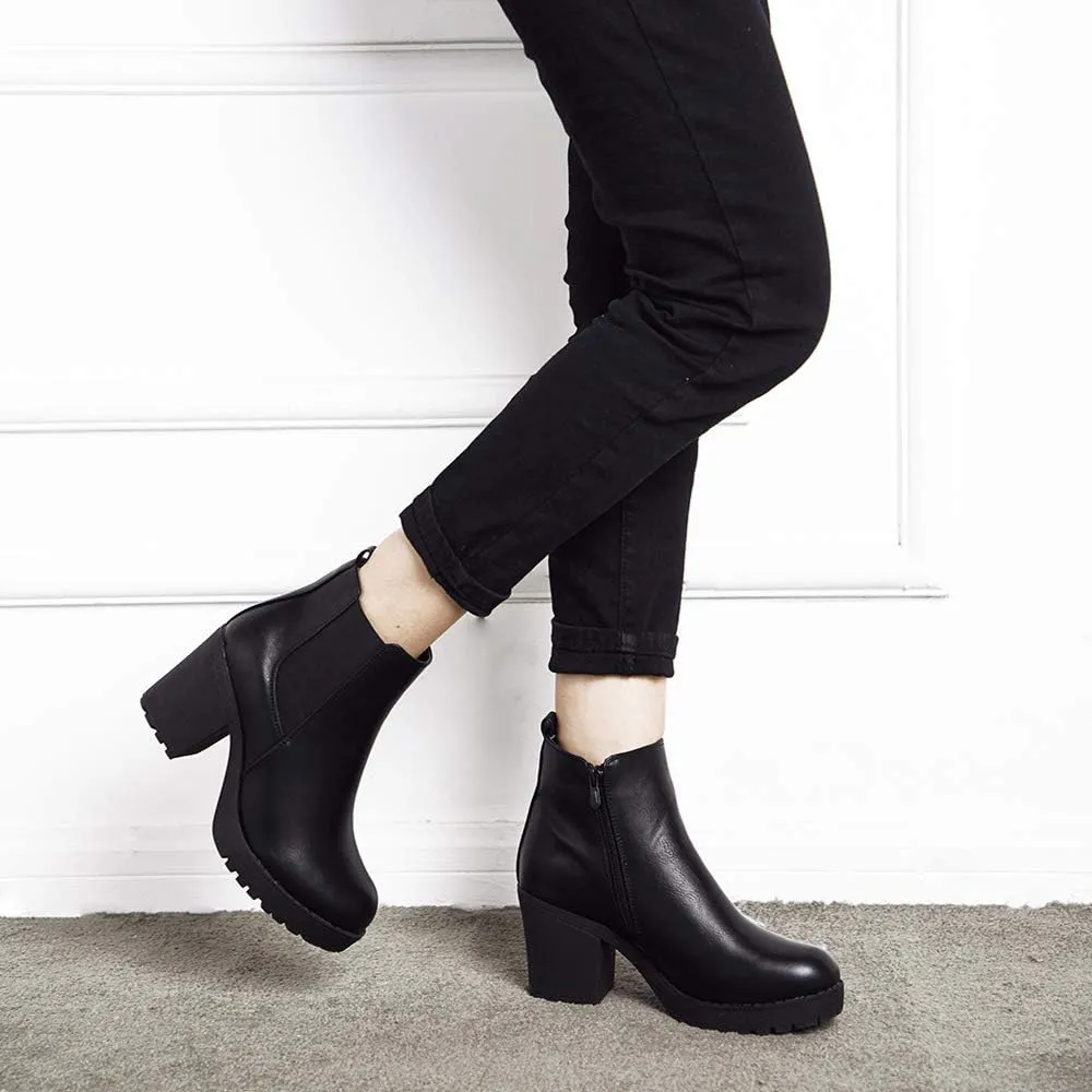 Women’s Block Chunky Heel Ankle Booties Slip on Platform Boots Zipper up High Heel Chelsea Boots