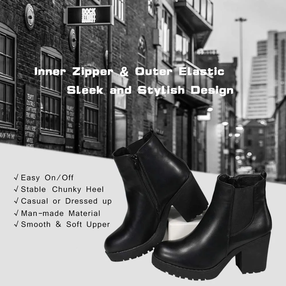 Women’s Block Chunky Heel Ankle Booties Slip on Platform Boots Zipper up High Heel Chelsea Boots