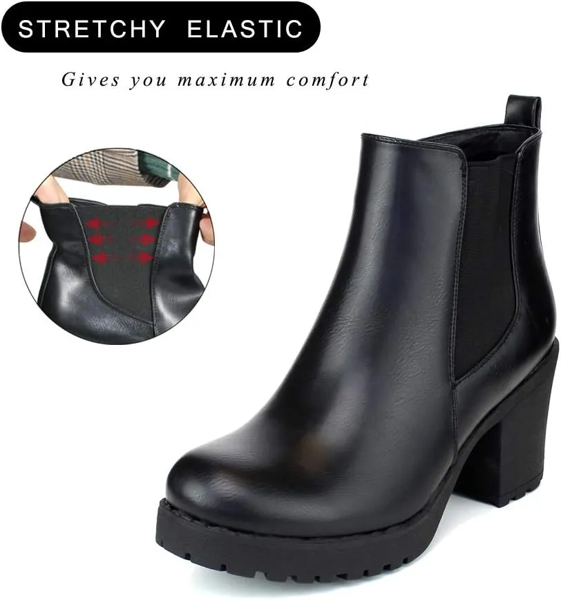 Women’s Block Chunky Heel Ankle Booties Slip on Platform Boots Zipper up High Heel Chelsea Boots