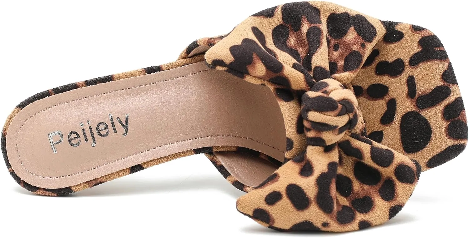 Women's Bow Sandal Mid High Kitten Heel Slip on Square Toe Mule Heels