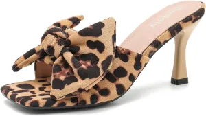 Women's Bow Sandal Mid High Kitten Heel Slip on Square Toe Mule Heels