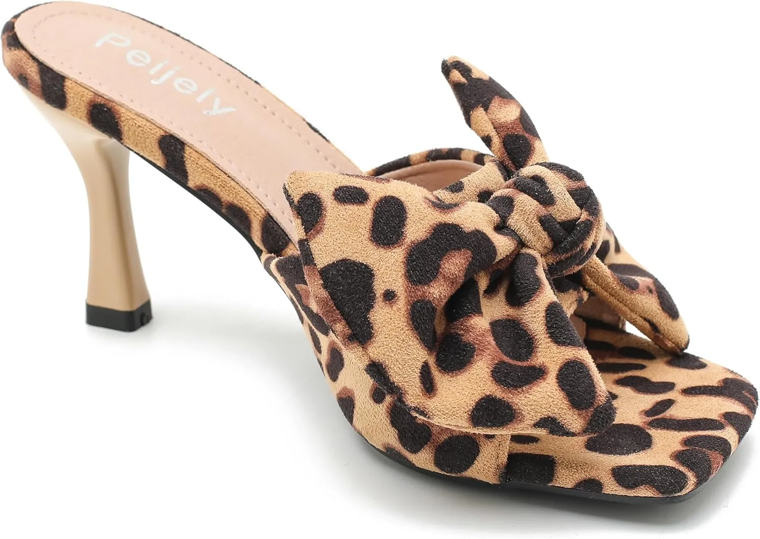 Women's Bow Sandal Mid High Kitten Heel Slip on Square Toe Mule Heels