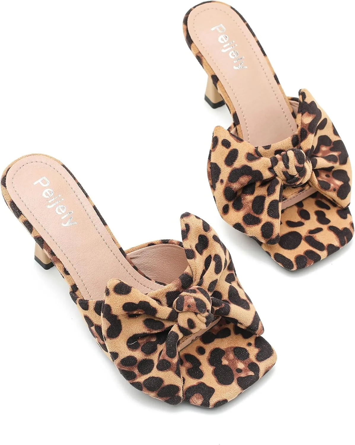 Women's Bow Sandal Mid High Kitten Heel Slip on Square Toe Mule Heels