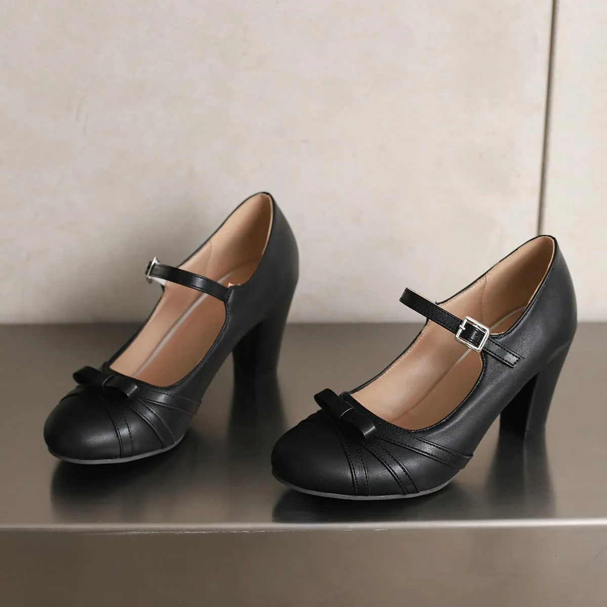 Womens Chic Bow Mary Jane Shoes Round Toe Chunky High Heels Kawaii Lolita Shoes Platform Pumps