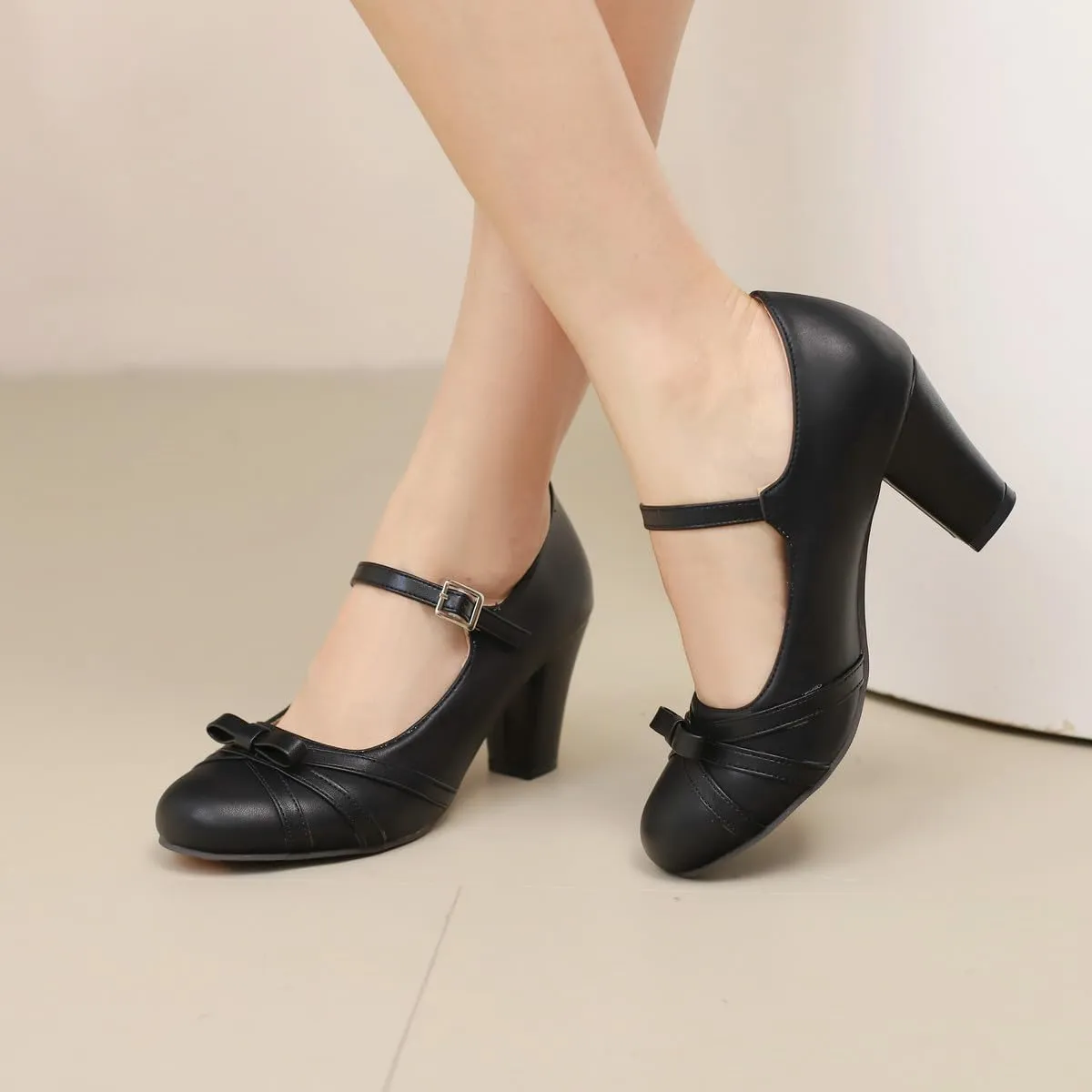 Womens Chic Bow Mary Jane Shoes Round Toe Chunky High Heels Kawaii Lolita Shoes Platform Pumps