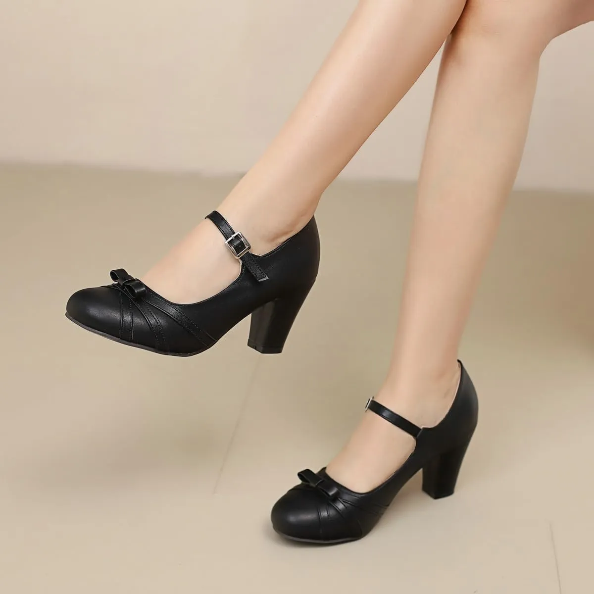 Womens Chic Bow Mary Jane Shoes Round Toe Chunky High Heels Kawaii Lolita Shoes Platform Pumps