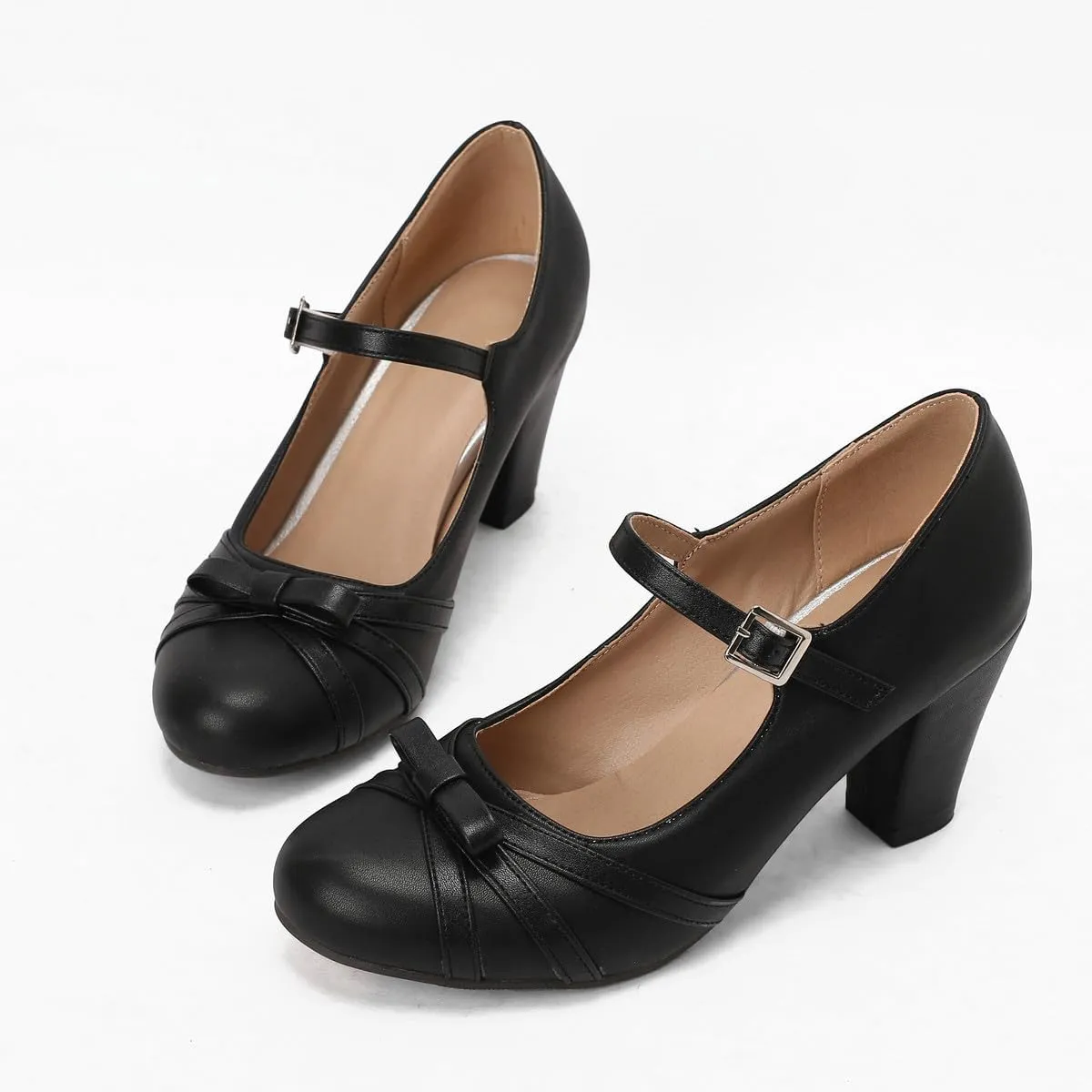 Womens Chic Bow Mary Jane Shoes Round Toe Chunky High Heels Kawaii Lolita Shoes Platform Pumps