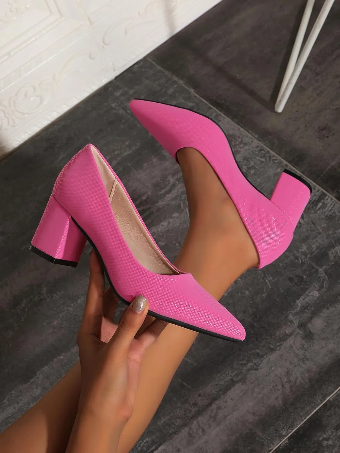 Women's Chunky Block Heel Glitter Pointed Toe Classic Work Dress Pumps Slip On Closed Toe Mid Heels for Women Office Wedding Party Daily Ladies Shoes 2.36 Inch